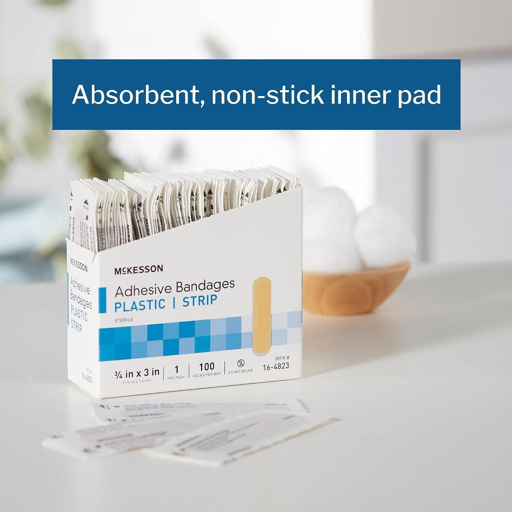 McKesson Adhesive Bandages, Sterile, Plastic, Tan, 3/4 x 3 in, 100 ct
