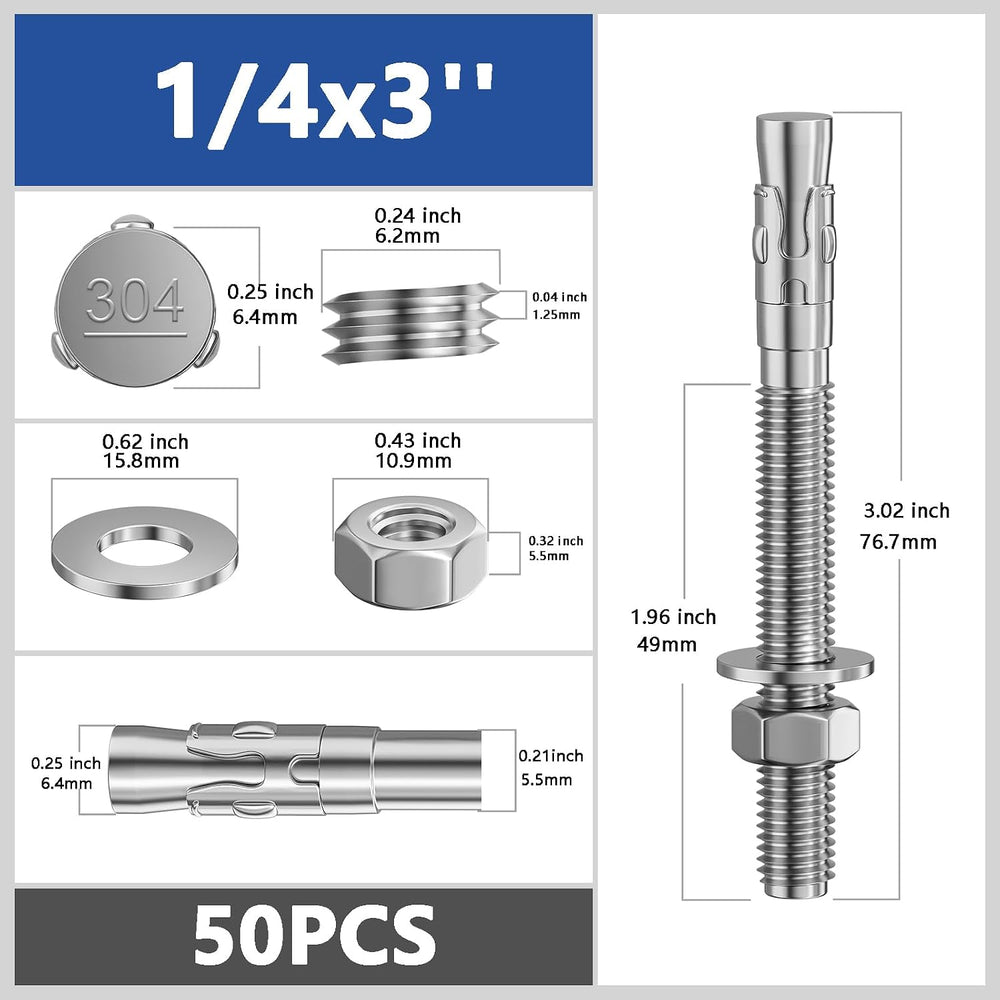 Wensilon 50Pcs 1/4x4 Inch Standard Fasteners for Heavy-Duty 304 Stainless Ste...