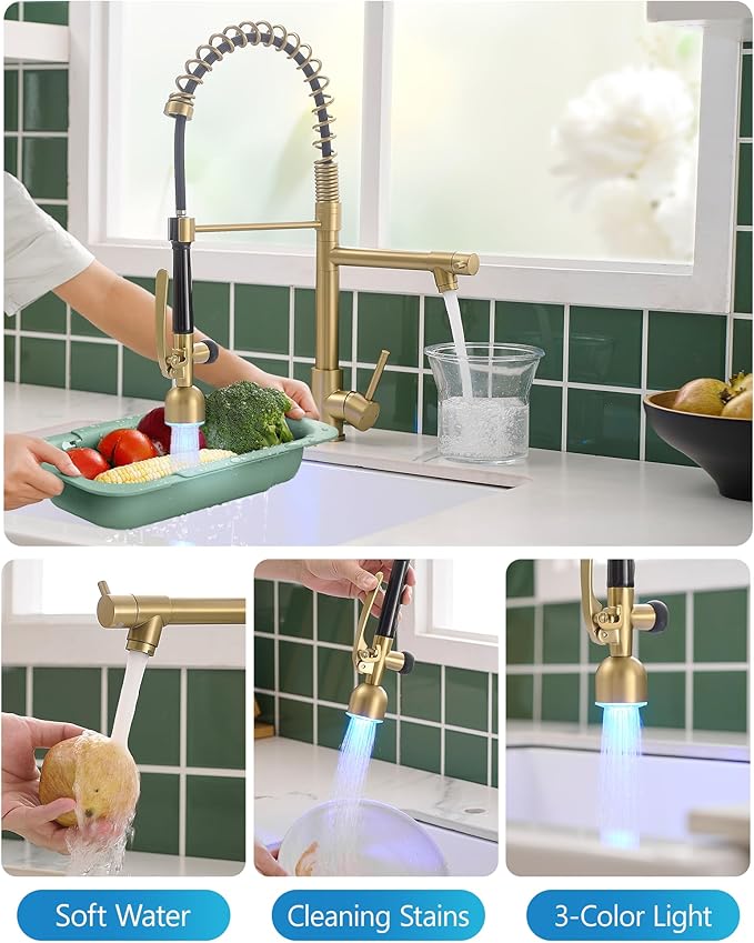 Fapully Single Handle High Arc Brushed Gold Pull Down Kitchen Faucet LED