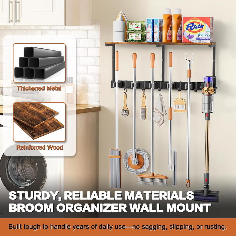 Broom Holder Wall Mount with Cleaning Supplies Organizer, Laundry Room Organi...