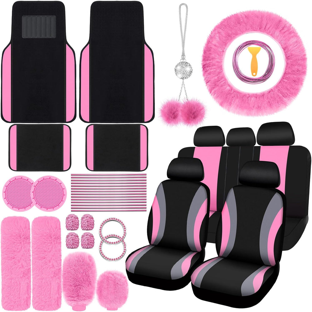 ROCEEI 47 Pcs Car Seat Cover Full Set Car Accessories, Black and Pink