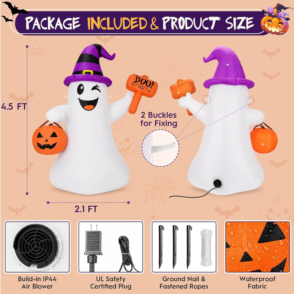 4.5 FT Halloween Inflatables Ghost with Pumpkin Boo, Halloween Decorations Ou...