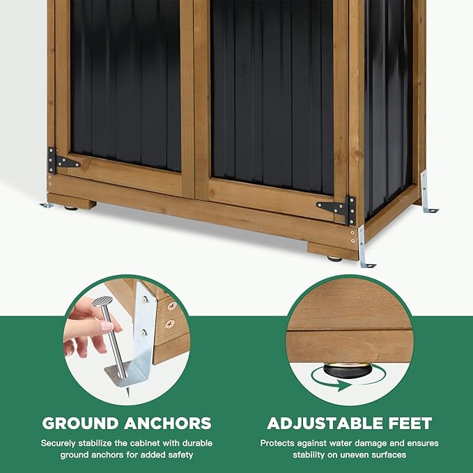 Outdoor Storage Cabinet Wood & Metal, Storage Shed Waterproof Double Lock