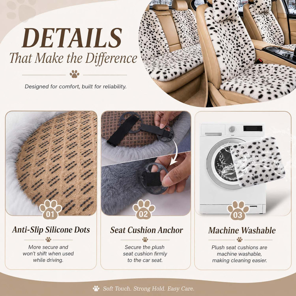 9PCS Fluffy Leopard Car Seat Covers, Anti-Slip Warm Car Seat Cushion Set