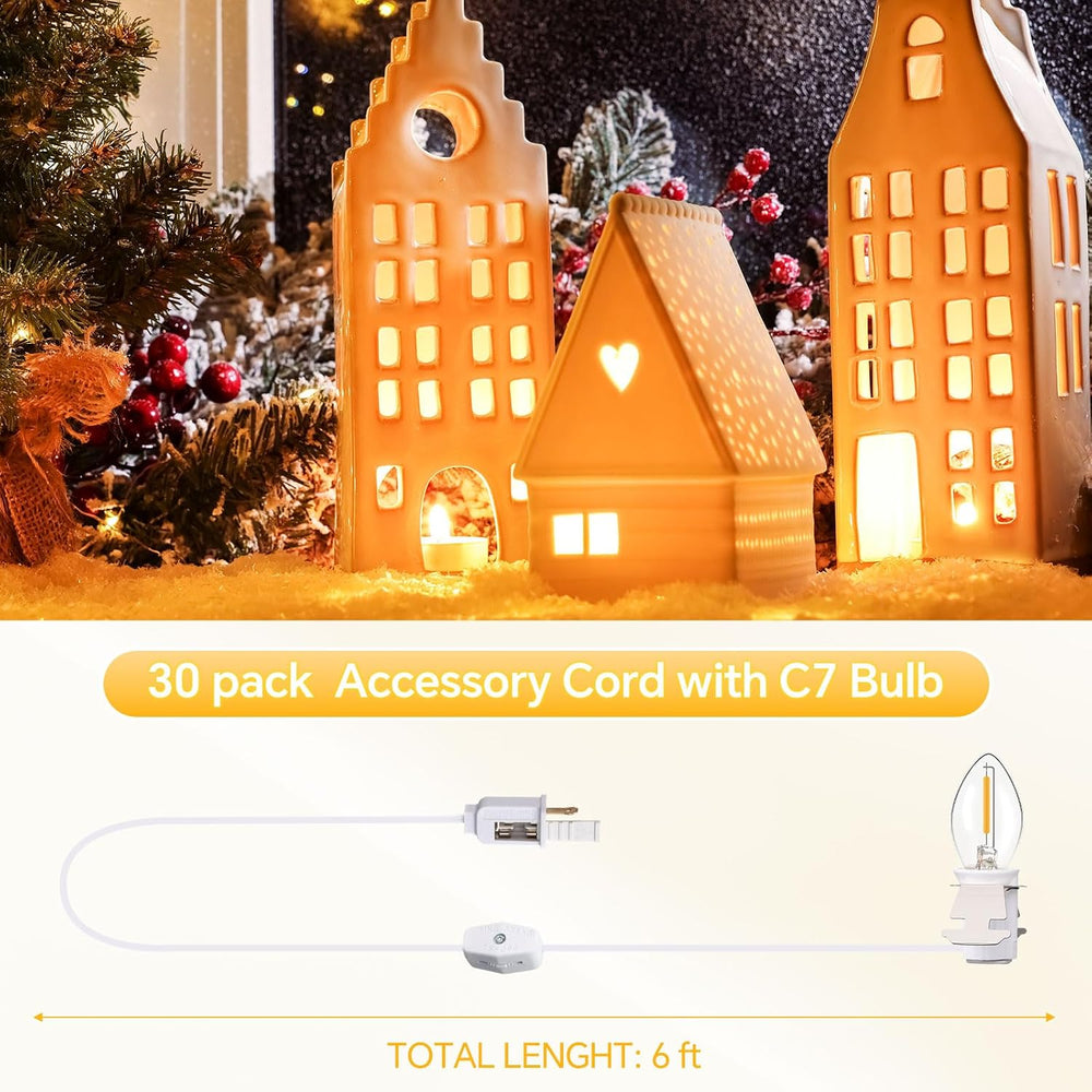 Enhon 30 Pack Christmas Village Blow Mold Light Cord Bulk with C7 LED Bulb