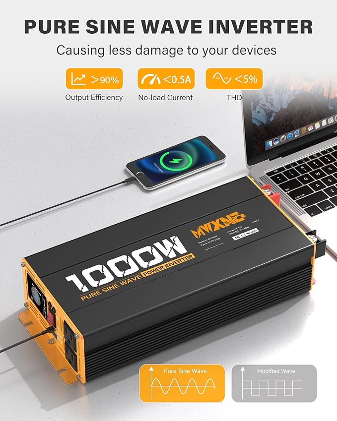 1000W Pure Sine Wave Power Inverter 12V DC to 110V 120V AC Converter