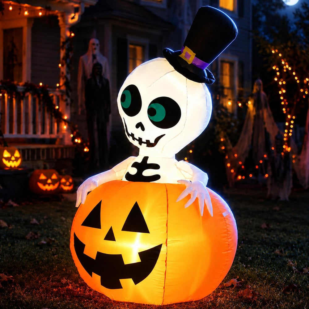 5FT Halloween Inflatable Pumpkin Skeleton LED Yard Decor