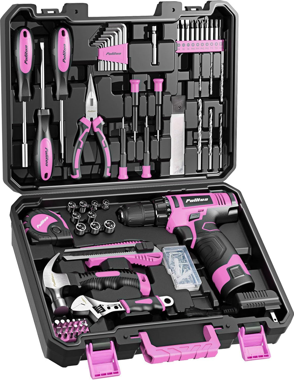 PULITUO Drill Set, 149-Piece Home Tool Set with 12V Pink Cordless Drill, Tool...