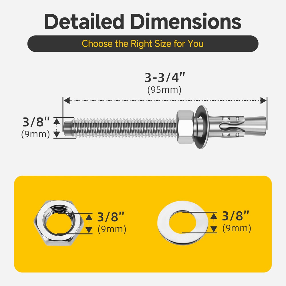 Mywish (50-Pack) 3/8" x 3-3/4" 304 Stainless Steel Wedge Anchors fo...