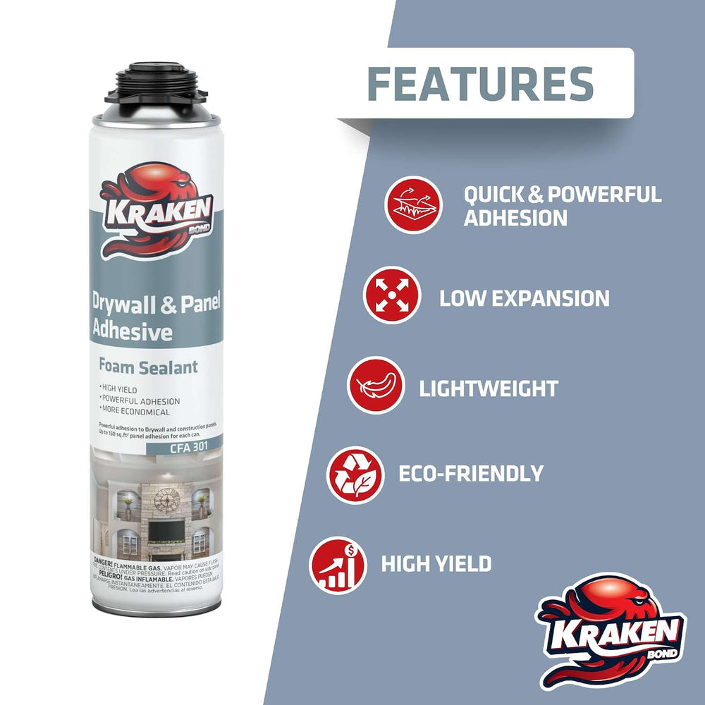 KRAKEN BOND Drywall & Panel Adhesive Foam - (1x24oz) Heavy-Duty, Fast-Cur...