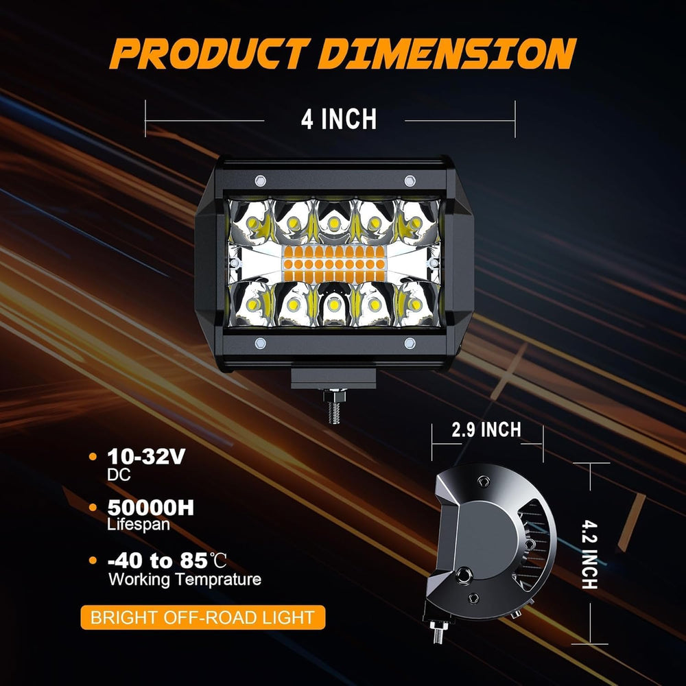 ASLONG 4pcs 4 Inch White/Amber Yellow LED Pods Light Triple Row Spot Flood Co...