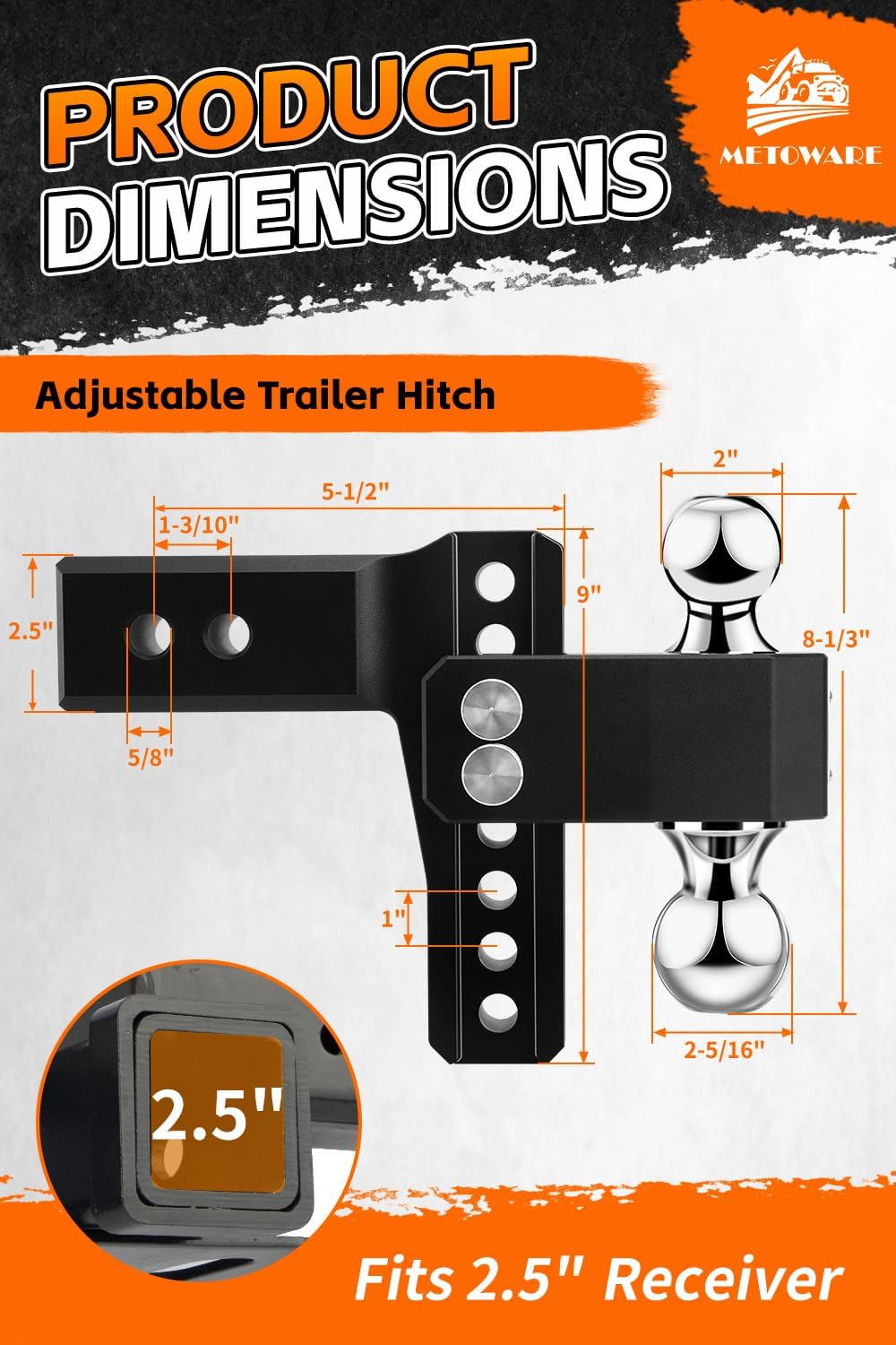 METOWARE 2.5'' Aluminum Adjustable Trailer Hitch, 6'' Drop/Ri...