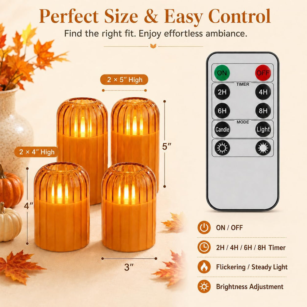 Fall Decorations for Home, Orange Glass Flameless Candles with Remote & T...