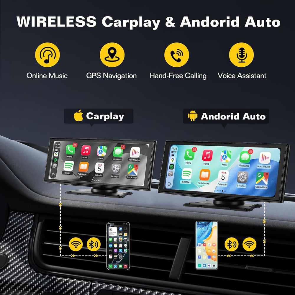 10.26'' Wireless CarPlay Screen for Car with 4K Dash Cam & 1080P ...