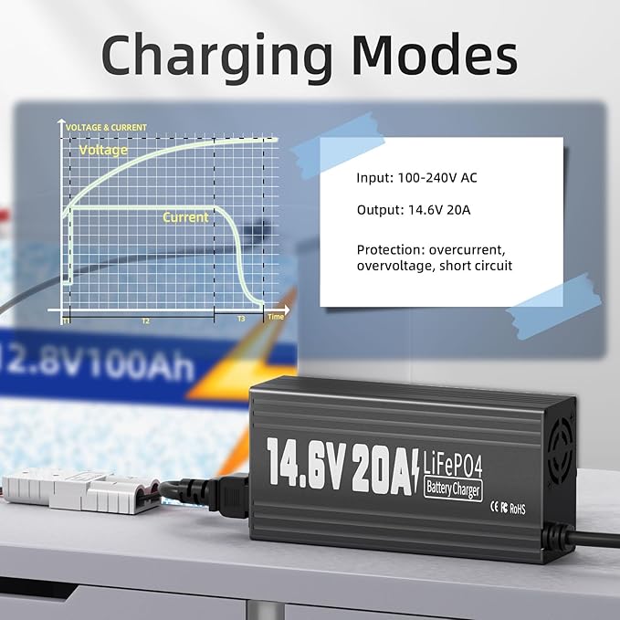 12V 20A Lithium Battery Charger, 14.6V LiFePO4 Battery Charger AC-DC Fast and