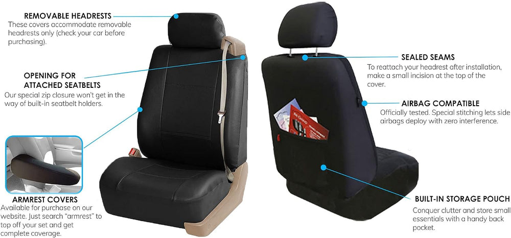 FH Group Front Set Faux Leather Car Seat Covers Low Back Seat with Removable ...