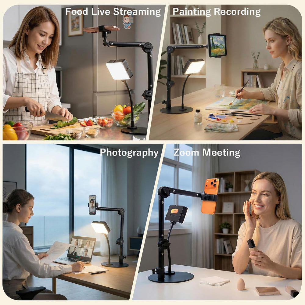Overhead Phone Mount, 360° Adjustable Height & Position,Selfie Lights