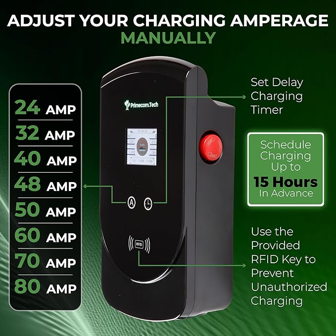 PRIMECOM 80 Amp 22KW 220Volt Level-2 18ft to 50ft Cord Lengths 20X Fast Smart