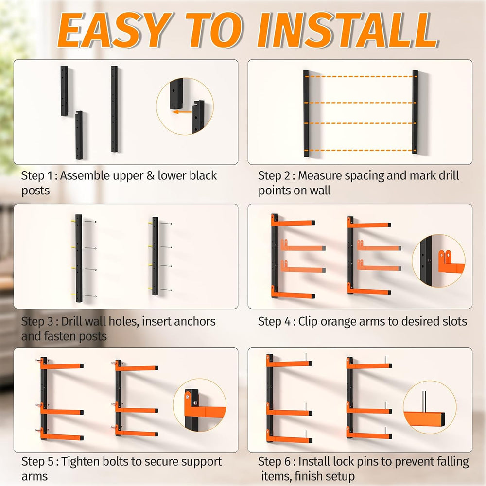 6 Pack Lumber Storage Rack Wall Mount, 1980LBS Heavy Duty Wood Rack- Orange