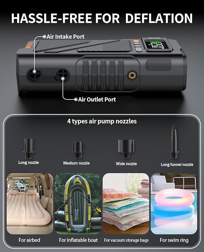 8000A Jump Starter with Air Inflator & Deflator Compressor, 9-in-1 Portab...