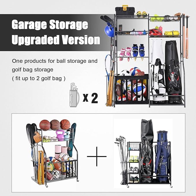 Mythinglogic Garage Sports Equipment Storage, 2 Golf Bag Storage Stand and