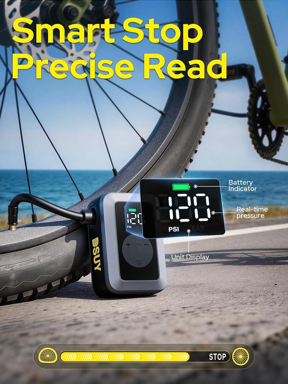 Mini Bike Tire Pump, 120PSI Electric Bicycle Pump with Digital Gauge, Auto St...