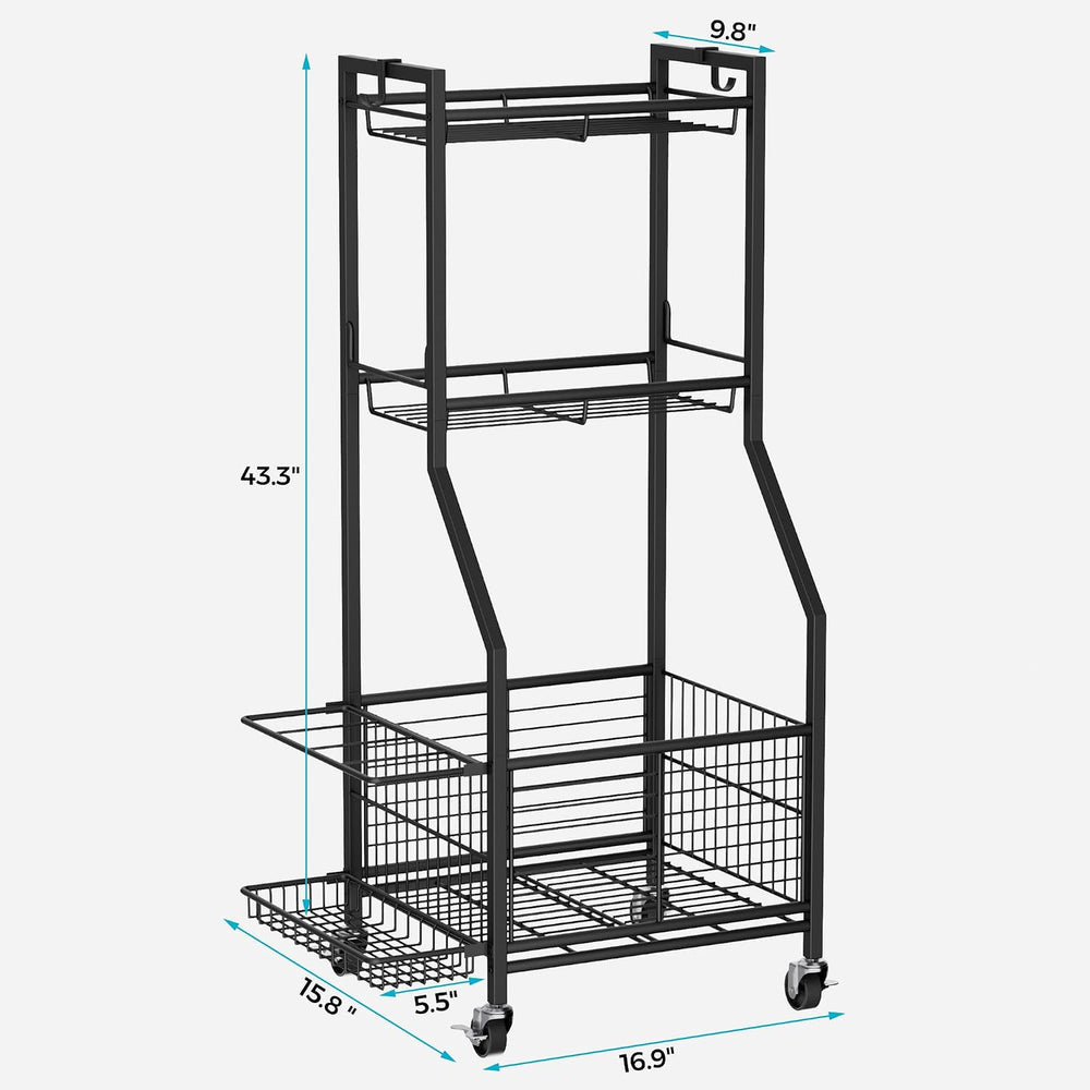 Sports Equipment Storage Rack with Wheels, 3-Tier Ball Organizer