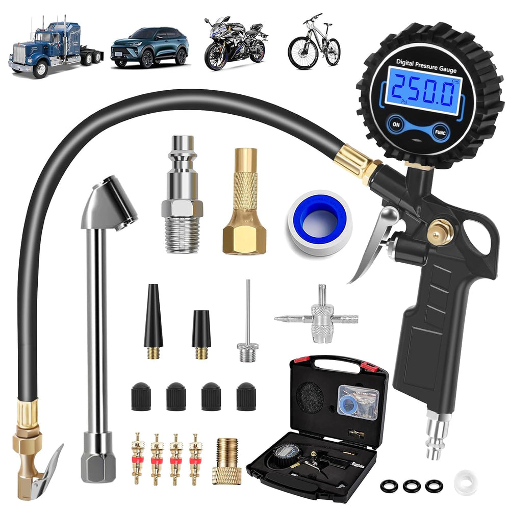 Digital Tire Pressure Gauge with Inflator 250 PSI, Heavy Duty 360° Air Chuck ...