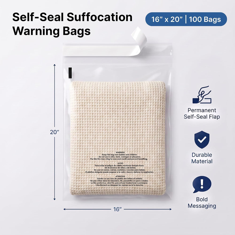 16" X 20" (100 Count) Self-Seal Clear Poly Bags With Suffocation Wa...