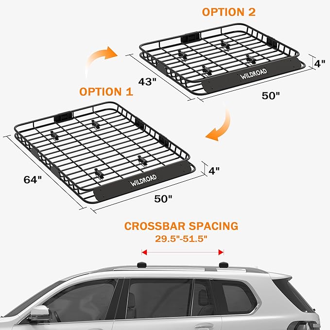 Wildroad Roof Rack Cargo Basket, Upgraded 4” Fence Wide Car Roof Basket