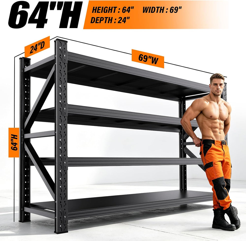 69" W Garage Shelving Heavy Duty Metal Storage Shelves, 4-Tier Garage St...