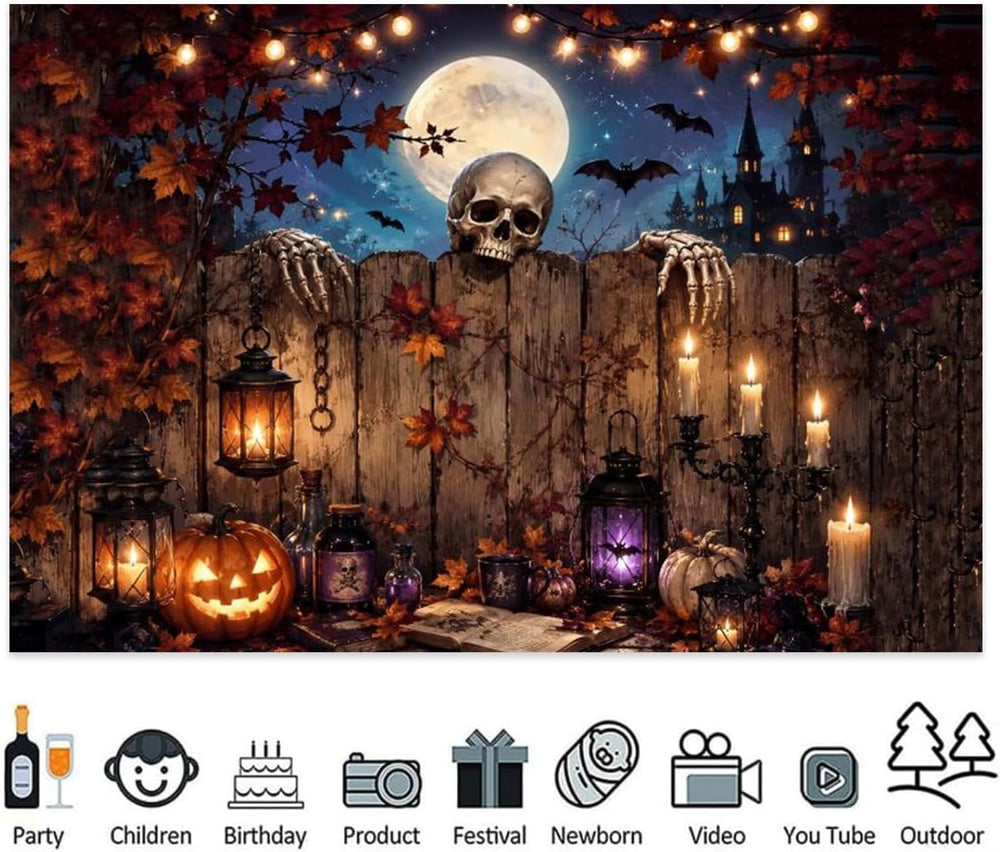 10x8ft Halloween Skeleton Pumpkin Lantern Photo Backdrop Decor