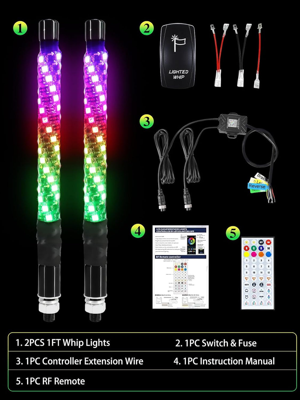 2 Pack 1FT Whip Lights with Spring Base, LED Whip Light with App & Remote...