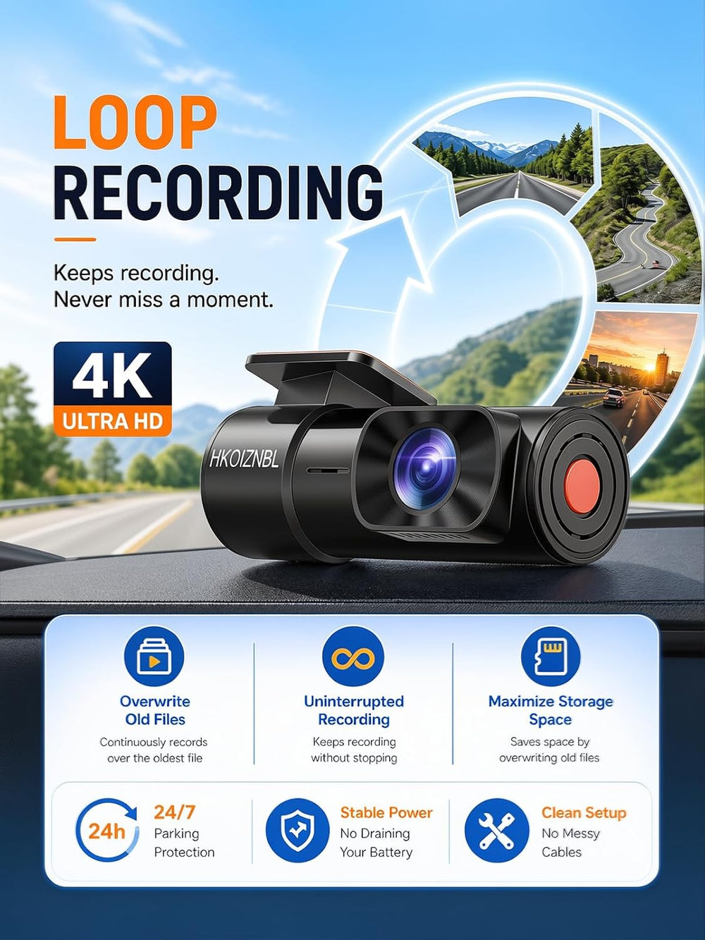 HKOIZBL 4K+2.5K Dash Cam Front and Rear, 2CH dashcam Free 32GB with WiFi