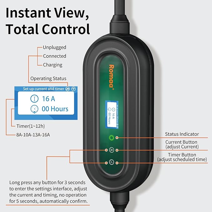 Level 1&2 Portable EV Charger, Adjustable 8-16A 110V-240V, Dual Plugs: NEMA