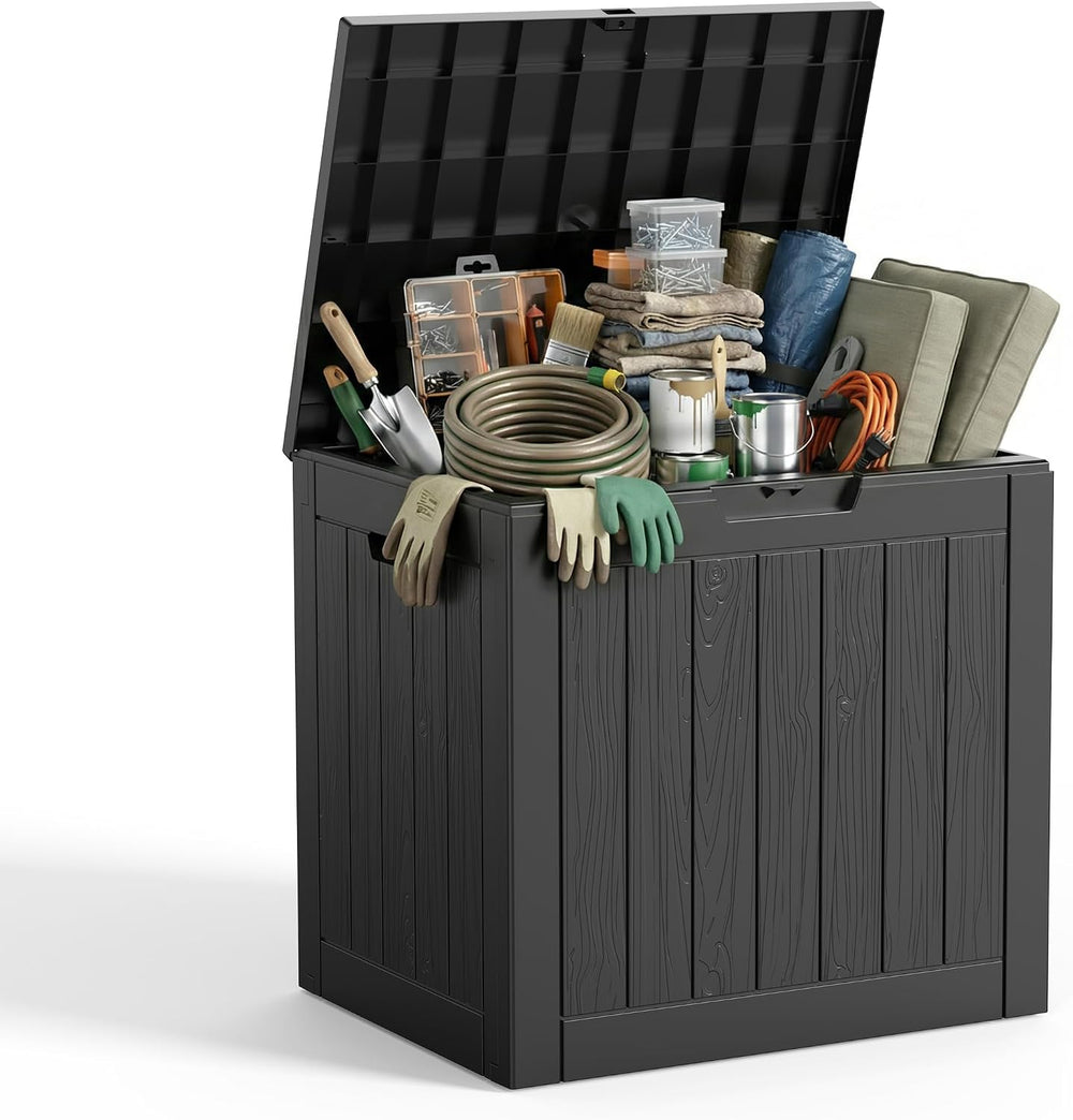 DRATO 35 Gallon Outdoor Storage Box Waterproof, Resin Small Deck Box, Black