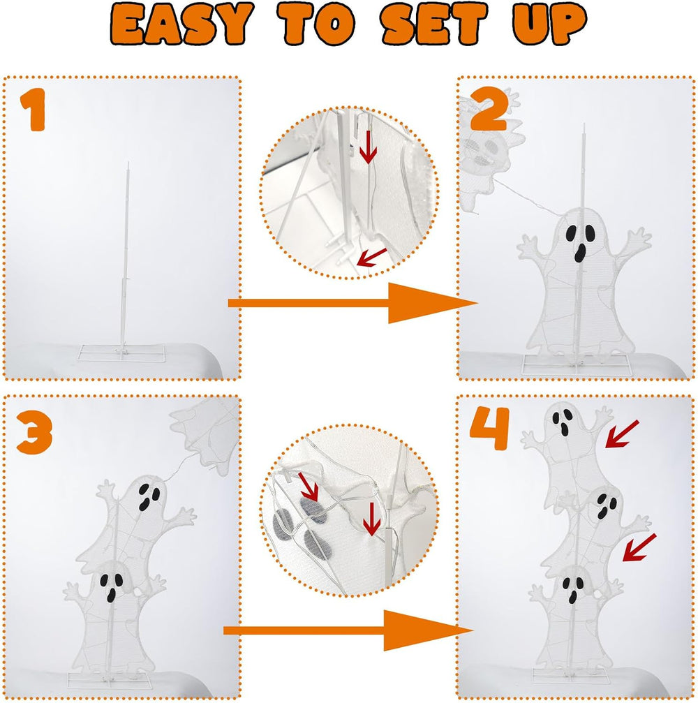 Halloween Lighted 3 Stacked Ghosts, 42’’ H Pre-Lit Lighted Ghosts with 50 War...