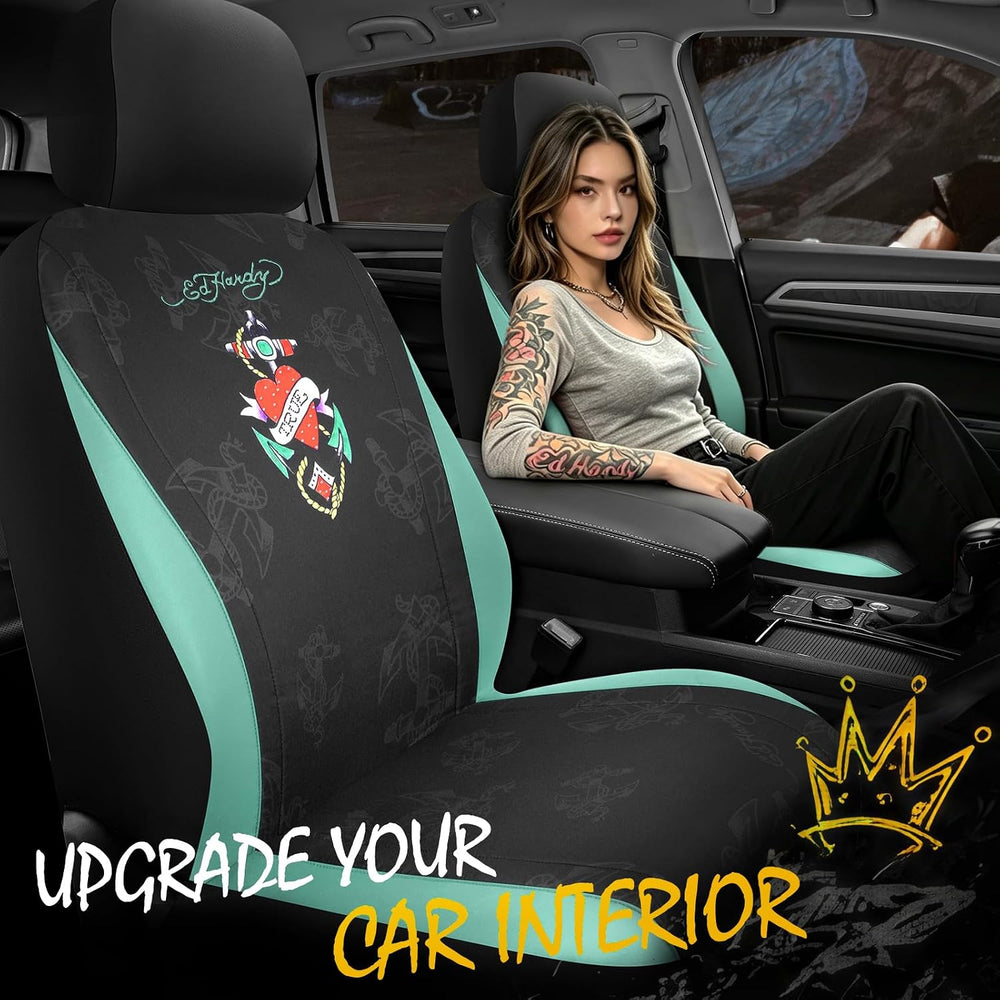 ED HARDY Heart Print Car Seat Covers, Mint Leather Patchwork Design Front Sea...