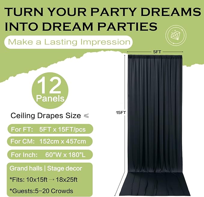 PartyVillage 60ft×15ft Black Backdrop Curtain for Halloween Parties, 12 Panel...