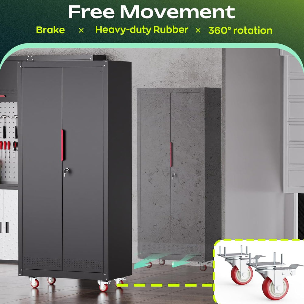 71"Tall Metal Garage Storage Cabinet with Wheels and Locking Doors