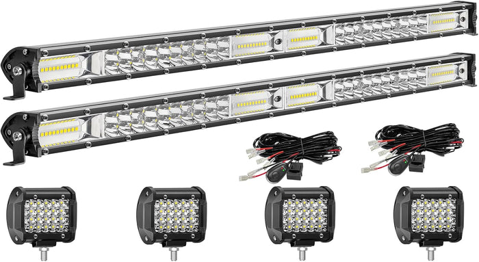 LED Light Bar Kits - 25 Inch Slim Light Bars with 4 Inch LED Pod Lights&Wiring Harness,12V 24V Spot Flood Combo Fog Lights Driving Work Lights for ATV UTV Trucks Tractor Pickup Cart SUV