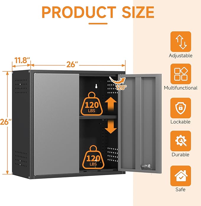 Metal Garage Wall Cabinet with 2 Doors and 1 Adjustable Shelf, Lockable