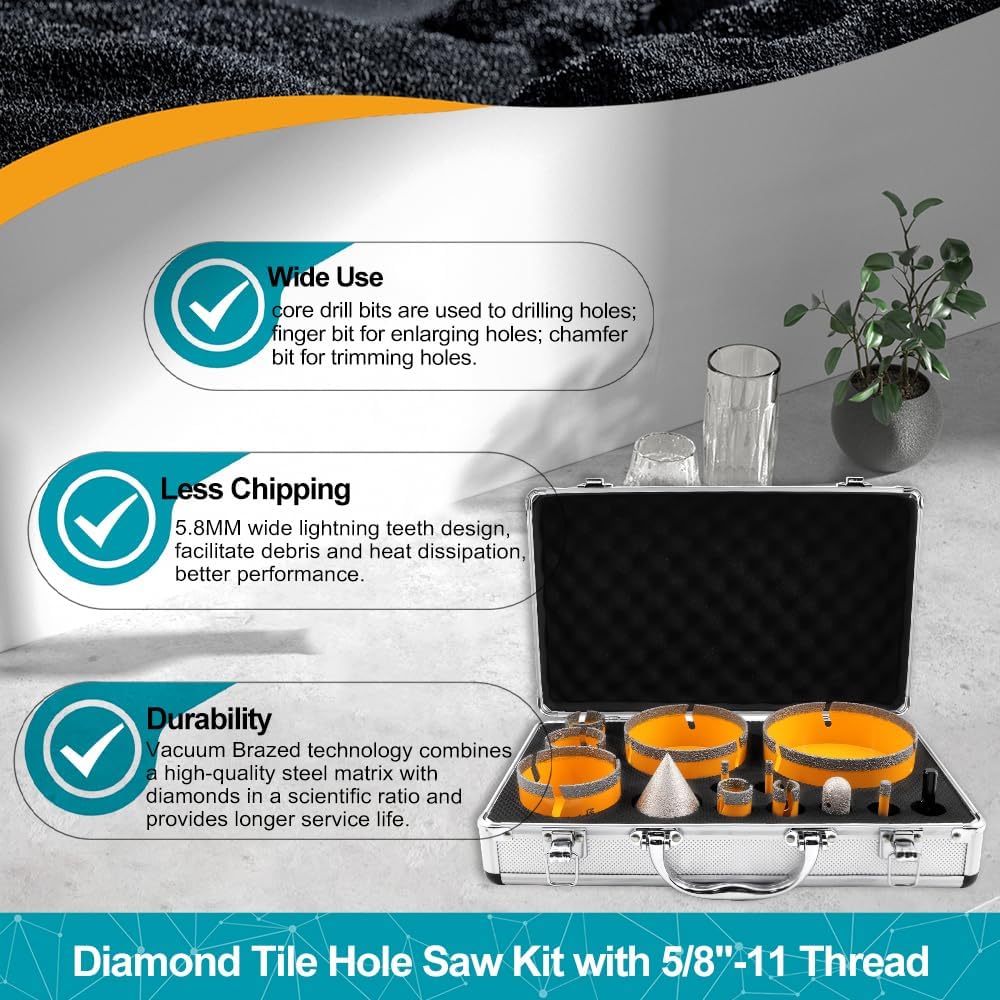 Tile Hole Saw Kit 15pcs - Diamond Core Drill Bits(1/4"-5") + 2pcs 4...