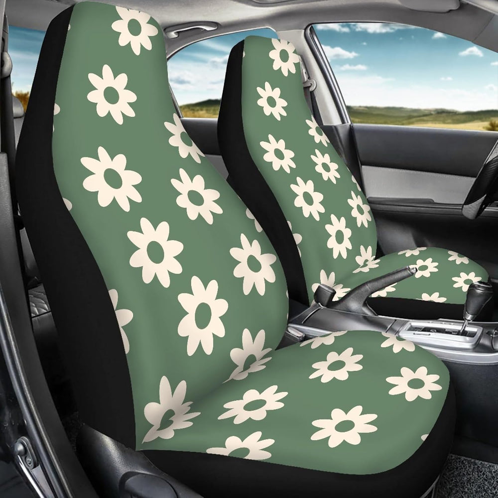 Green Groovy Flower Auto Seat Cover Set 2 Pack,Hippie Floral Car Front Seat C...