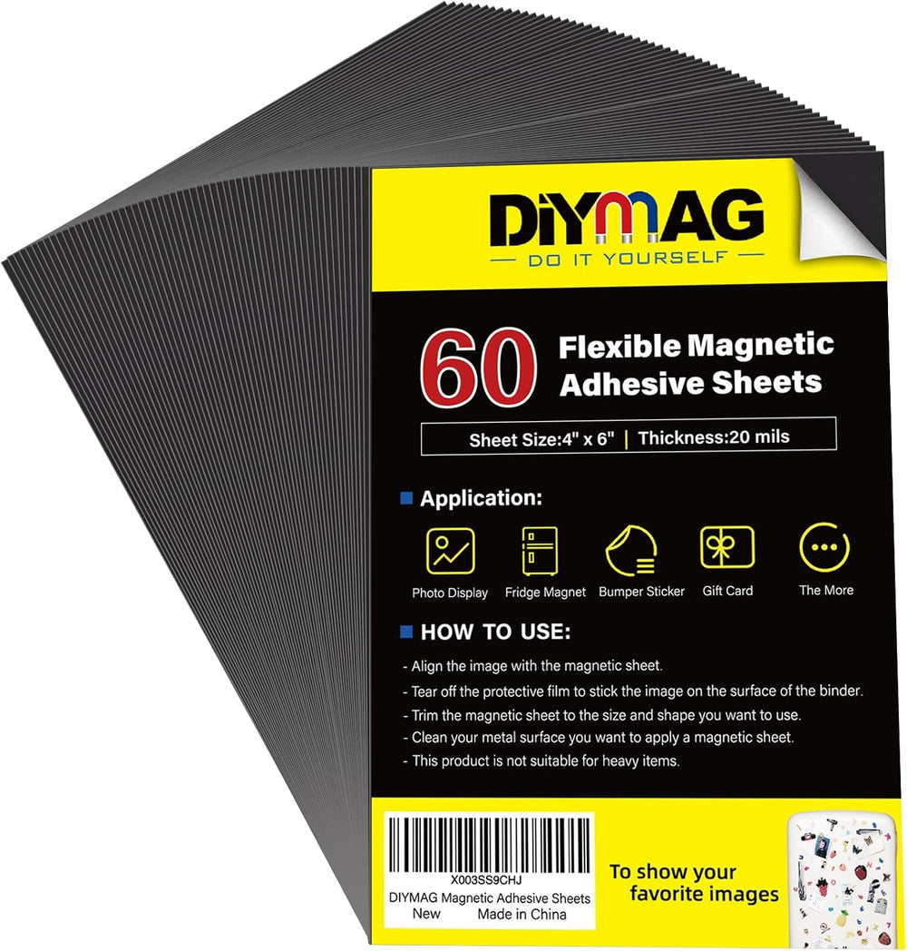DIYMAG Magnetic Adhesive Sheets,4" x 6" 60 Pack Flexible Magnets fo...