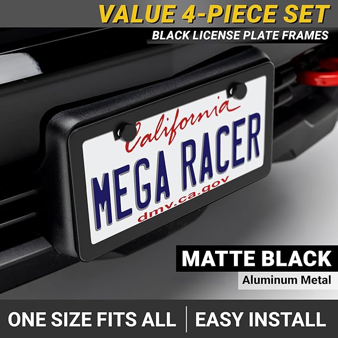 Premium Slim Matte Black License Plate Frames – Best Value 4 Pack, Rust-Free