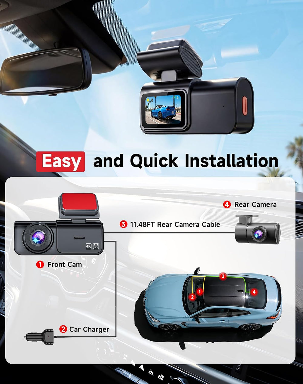 Dash Cam Front and Rear: 4K+2.5K Dual Dash Camera for Cars (V3)