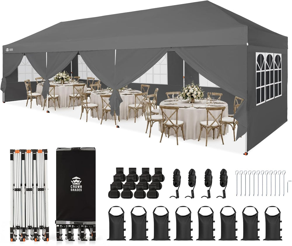 CROWN SHADES 10X30 Pop Up Canopy Tent with Sidewalls, Instant Setup, Gray