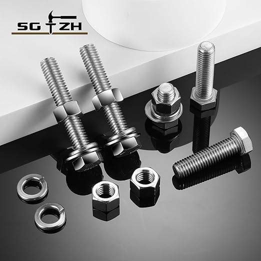 3/8-16 x 5" Hex Head Screw Bolt, Flat & Lock Washers, Fully Threaded...