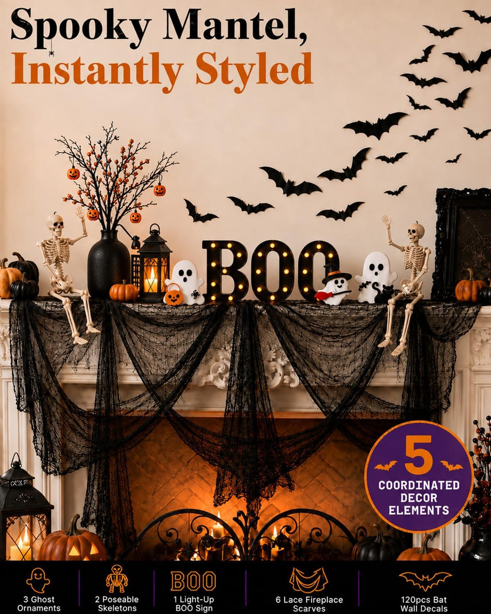 132PCS Halloween Mantel Decor Set, Boo Letters, Ghosts, Gothic Wall Decor